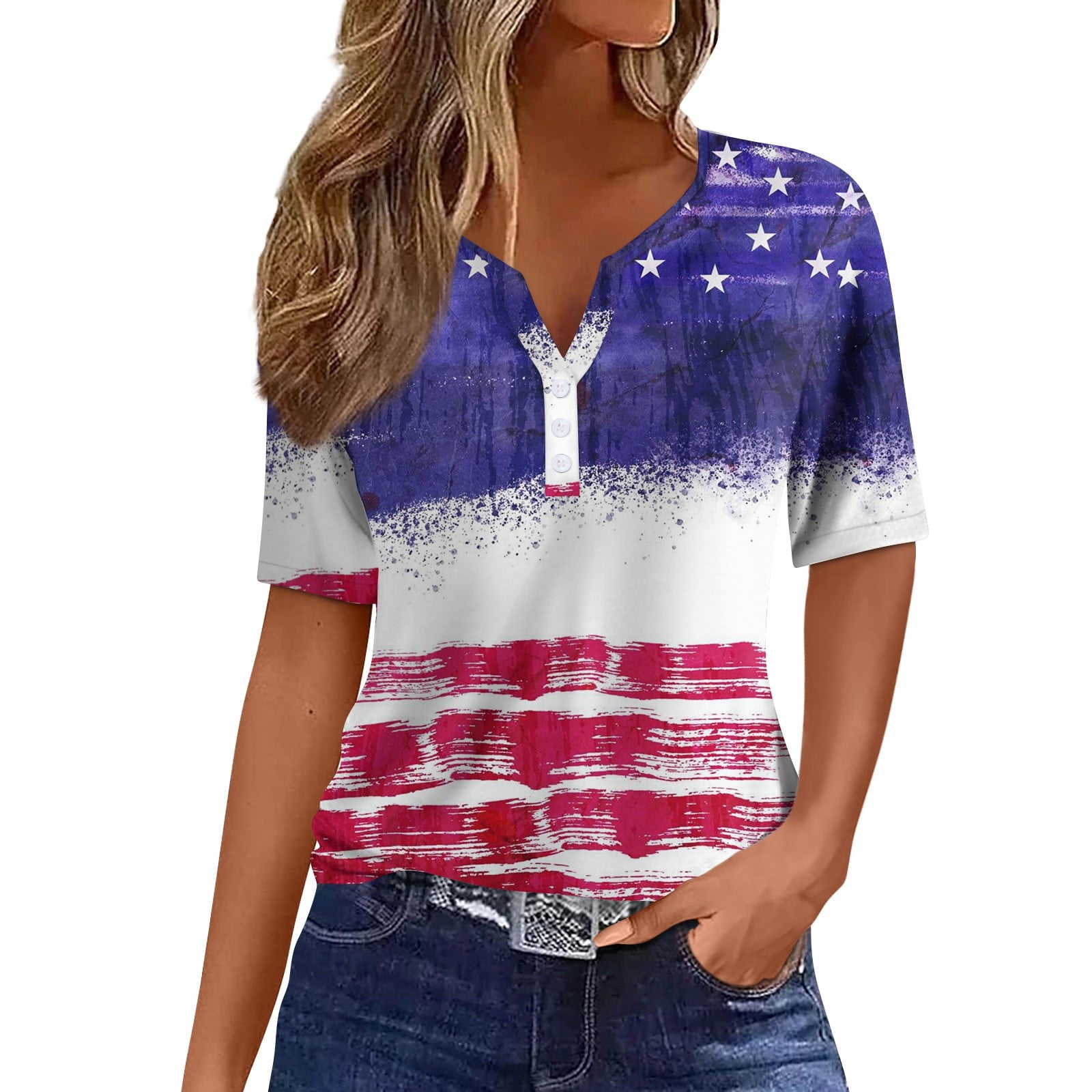 Women's Plus Size Patriotic T-Shirt - Red White & Blue American Flag Cropped Top (3XL Plus) - View #8