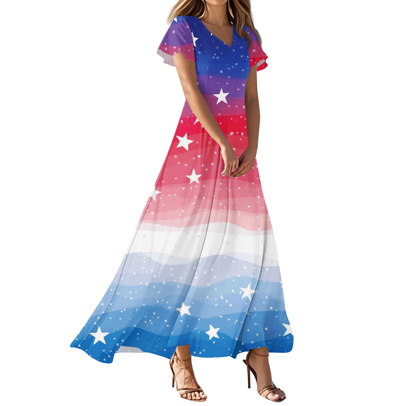 Flight Ruffle DBAIXID Memorial Day Womens Dress V-Neck 1776 Patriotic USA American ...