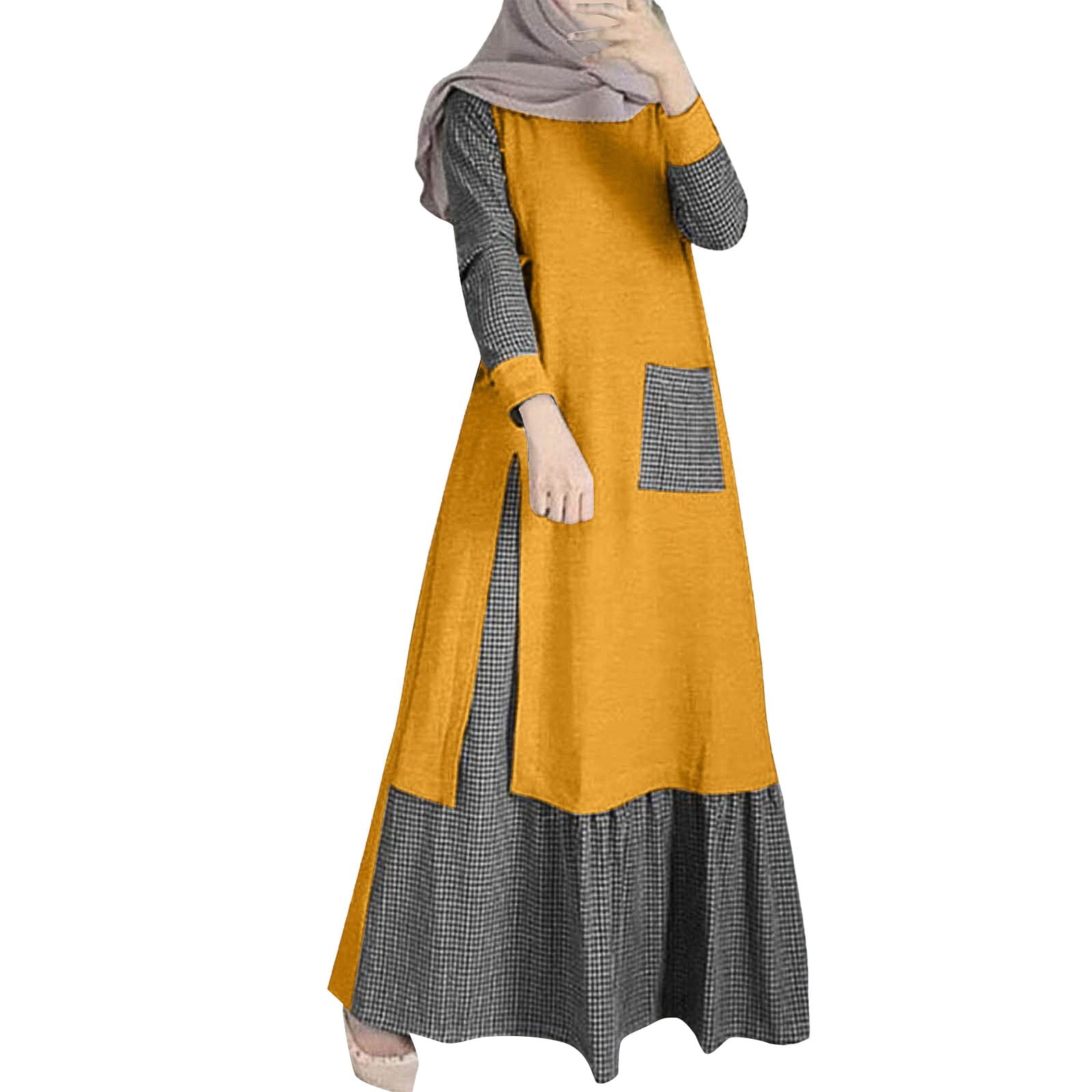 Yellow Arab Robe DBAIXID Muslim Dresses for Women Abaya Button Down Henley Shirt Prayer ...
