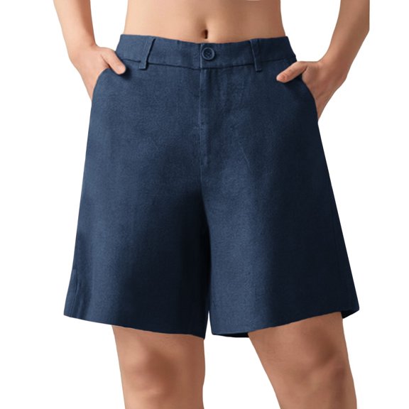 DBAIXID Shorts for Women Plus Size Elastic High Waisted Stretch Loose Knee Length athletic Pleated Shorts with Pockets Summer Wide Straight Leg Lightweight Bermuda Shorts Navy XL