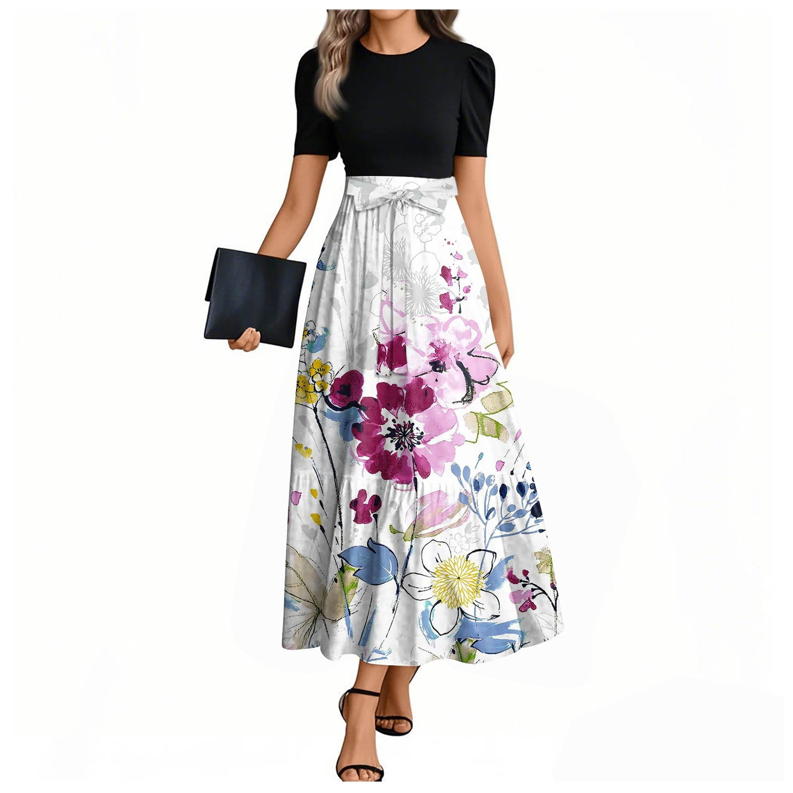 Women's Boho Floral Wrap Maxi Dress - Summer 2025 Patchwork Ruffle Hem Empire Waist Dress