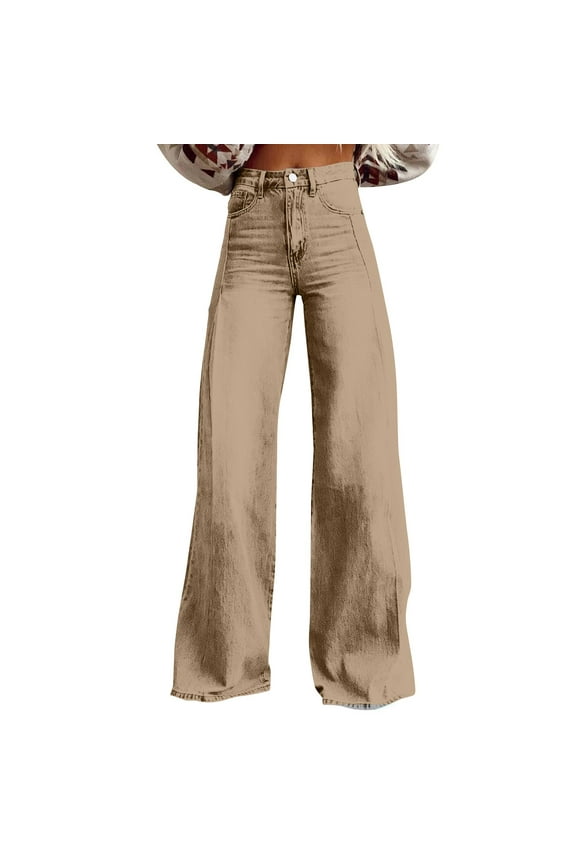 Women Denim Pants Wide Leg Plus Size Pull on Bootcut Denim Sweatpants Tall Baggy Button High Rise Straight Leg 2025 Petite Jeans Khaki XL