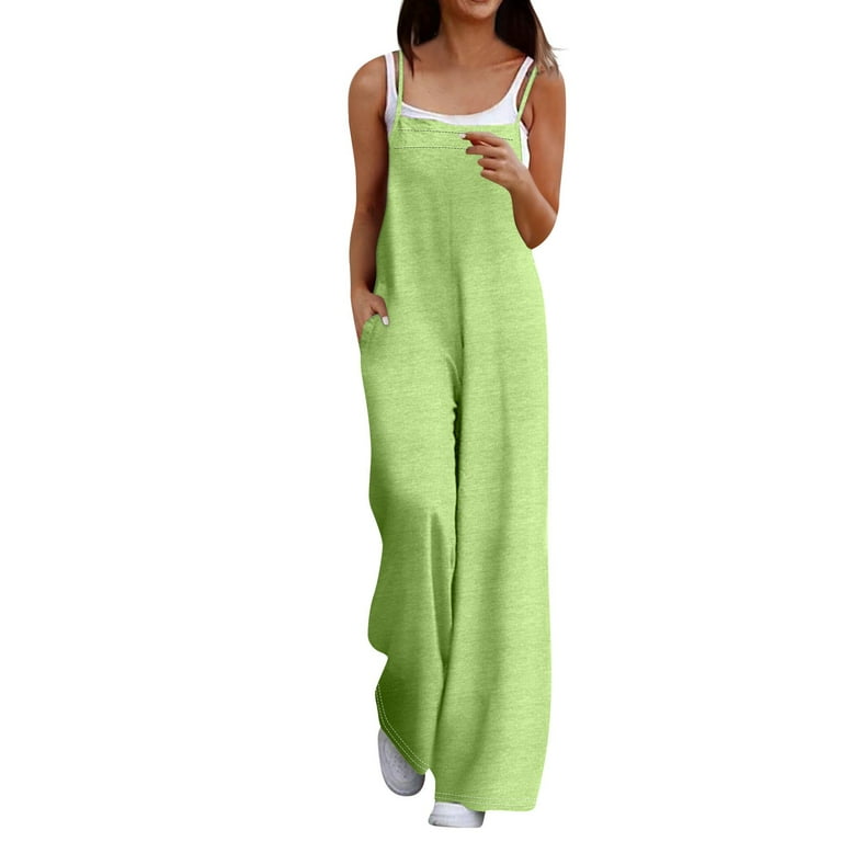 DBAIXID Women s Summer Boho Casual Jumpsuits Wide Leg Overalls Solid color Print Baggy Rompers with Pocket Light Green L Walmart