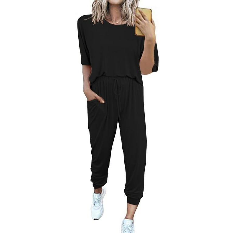 DBAIXID Women s Two Piece Outfit Short Sleeve Pullover with Drawstring Long Pants Tracksuit Jogger Set Black L Walmart
