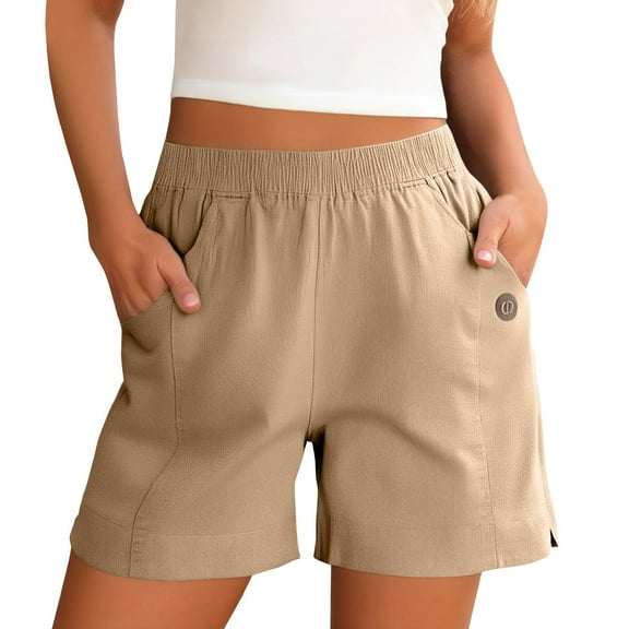 DBAIXID Womens Linen Shorts Plus Size Summer Basic A-Line Pull on Elastic High Waisted Lounge Shorts with Pockets Wide Straight Leg Stretch athletic Bermuda Shorts Khaki L