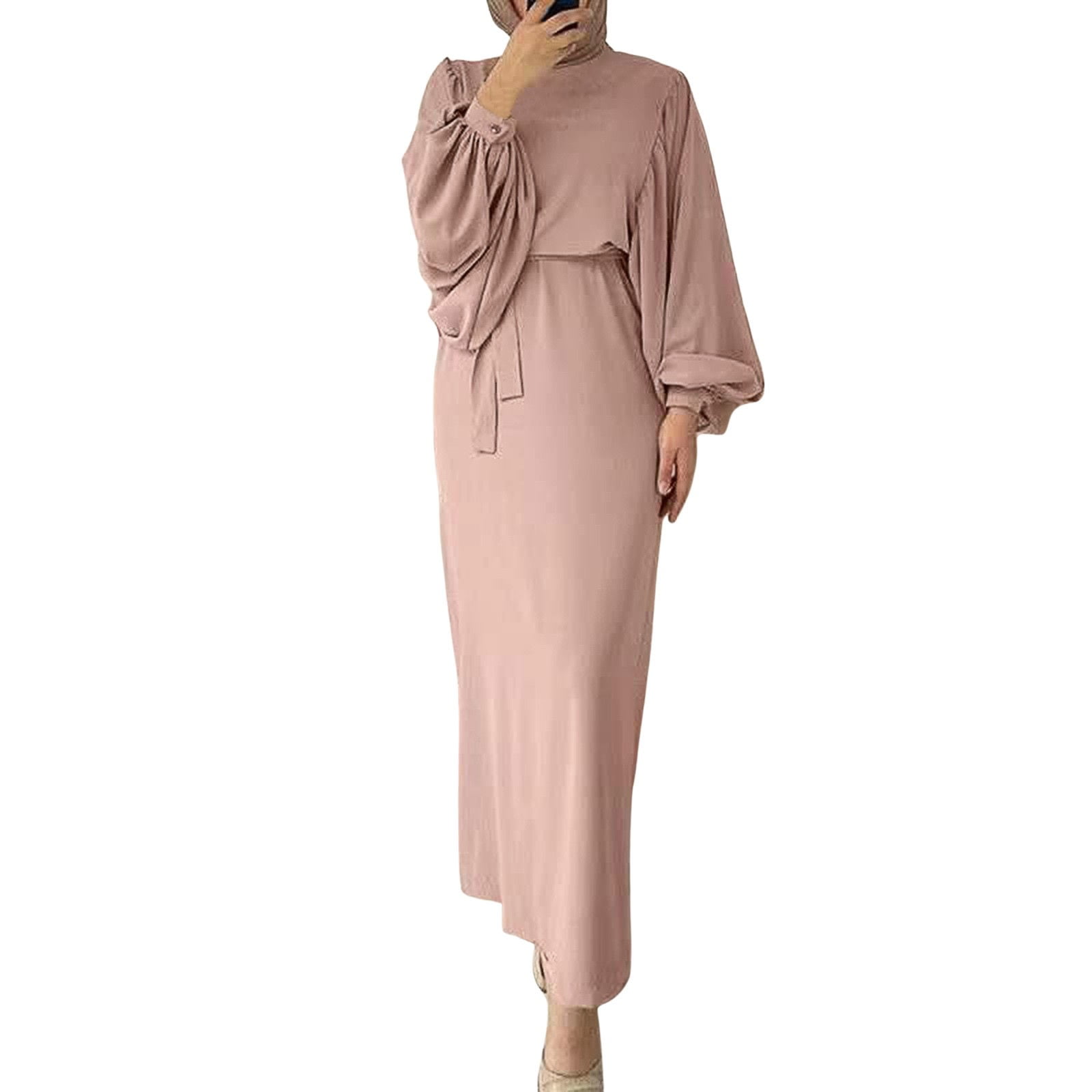 Elegant Muslim Women's Batwing Sleeve Abaya Dress - Glossy Jacquard, Includes Belt, For Eid & Ramadan