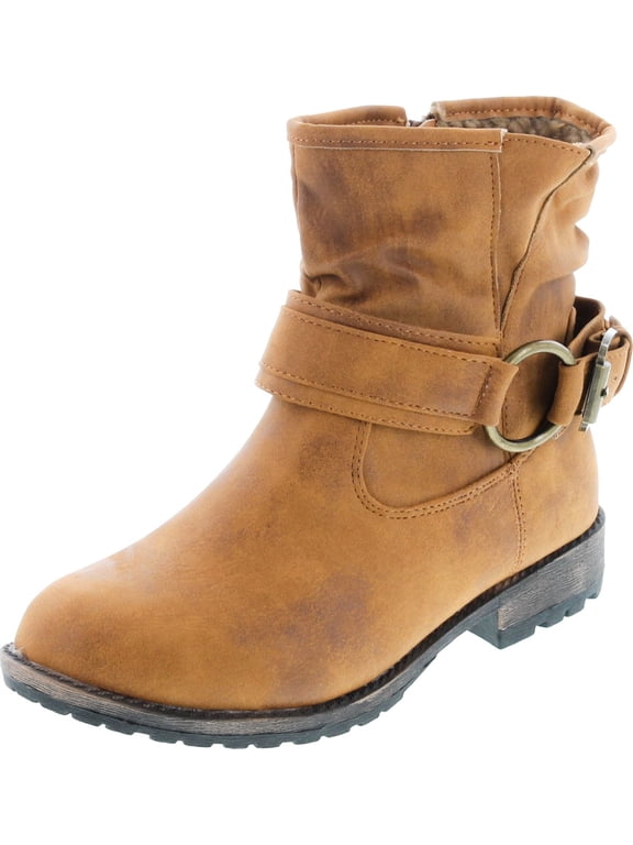 Lucy-13 Women's Distressed Side Zipper Lug Sole Flat Heel Ankle Booties, Camel, 5.5