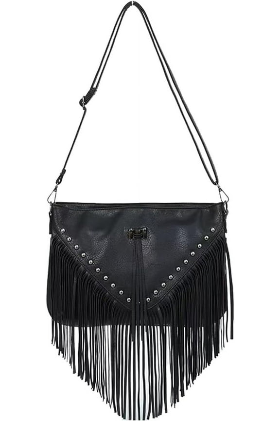 Casual Rivets Fringed Shoulder Handbag for Women,Soft Vegan Leather Hippie Crossbody Purse Bag Hobo Bag
