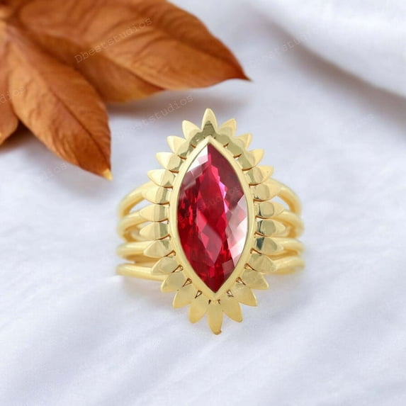 DBESTSTUDIOS 12X6/ 3 CT Marquise Cut Ruby Solitaire Engagement Ring Art Deco Floral Stacking Ring July Birthstone Gift Ring