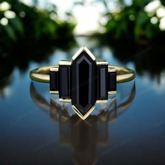 DBESTSTUDIOS 12x5MM / 1.5 CT Hexagon Cut Natural Black Onyx Engagement Ring Women Promise Stacking Ring Birthday Statement Gift For Wife Yellow Gold Jewelry