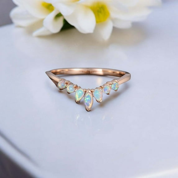 DBESTSTUDIOS 4X2 MM 0.5 CT Marquise Cut Fire Opal Wedding Band Unique Curved Matching Band October Birthstone Gift Women Stackable Promise Band