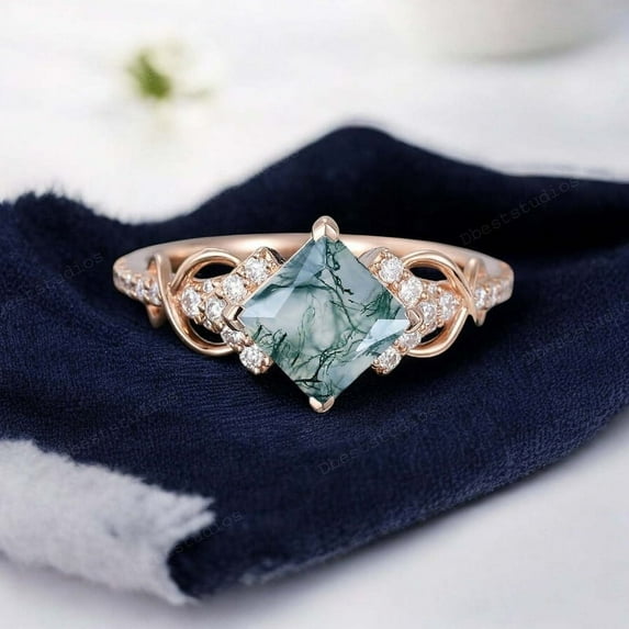 DBESTSTUDIOS 7 MM / Princes Cut Moss Agate Engagement Ring Diamond Twisted Women Ring Art Deco Stacking Ring Birthday Gift For Wife