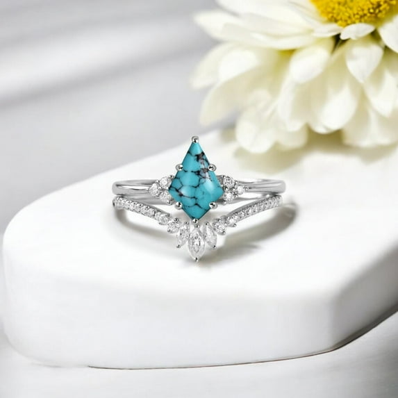 DBESTSTUDIOS 7X5 MM / 1ct Kite Cut Turquoise Wedding Ring Set Diamond Curved Matching Band Women Stackable Gift Band Sterling Silver Handmade Jewelry