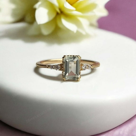 DBESTSTUDIOS 8X6 MM 1 CT Emerald Cut Green Amethyst Women Ring Bridal Diamond Promise Ring Unique Stacking Proposal Ring Anniversary Gift For Wife