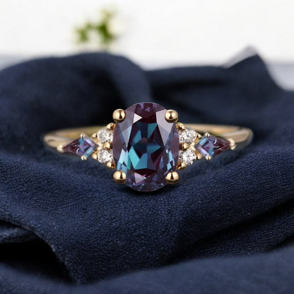 DBESTSTUDIOS 8x6 MM / Oval Cut Alexandrite Anniversary Ring Diamond Cluster Bridal Ring Art Deco Wedding Gift Ring June Birthstone Handmade Jewelry