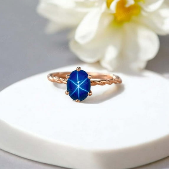 DBESTSTUDIOS 8x6 MM / 1 CT Oval Cut Star Sapphire Twisted Ring Women Solitaire Wedding Ring Delicate Promise Stacking Ring September Birthstone Gift Jewelry