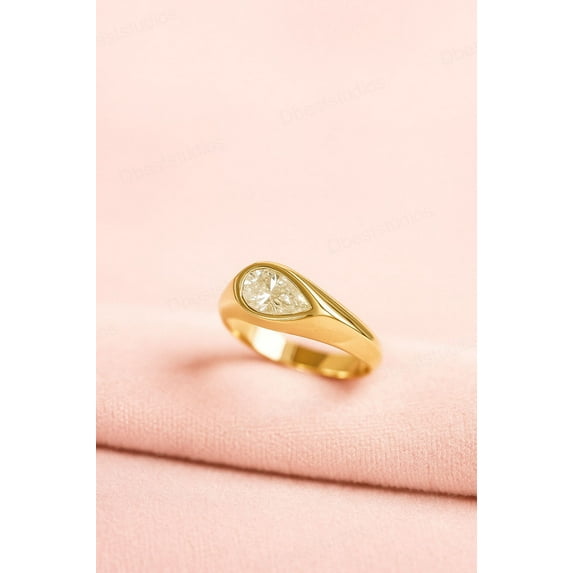 DBESTSTUDIOS Pear Cut Lab Grown Diamond Engagement Ring, Solitaire Diamond Bezel Set Ring, Stackable Ring, Yellow Gold Gift Ring,