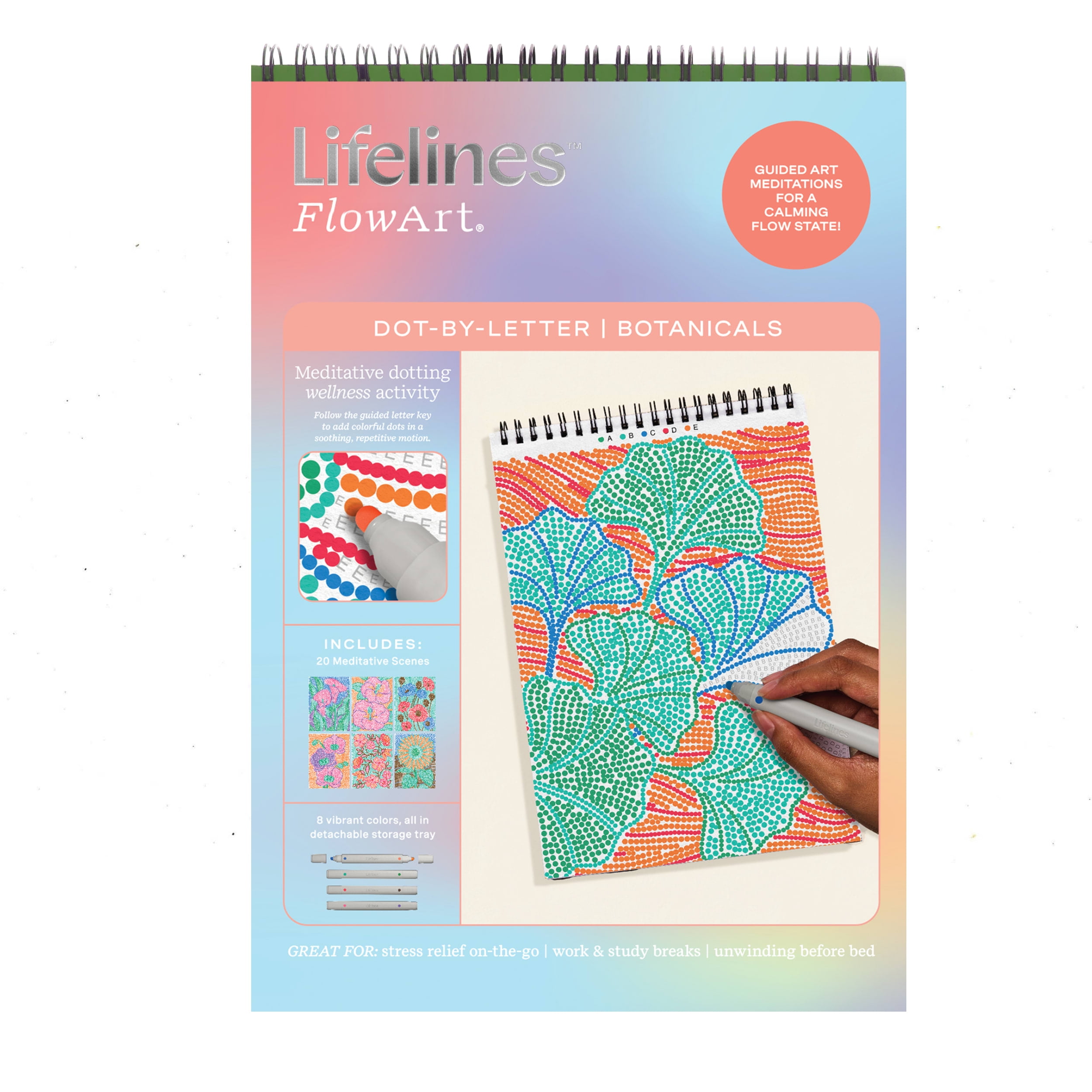 Lifelines FlowArt Dot-by-Letter Activity Pad, Guided Dot Art Meditations with 4 Double-Sided Markers, Botanicals Scenes, 20 Pages