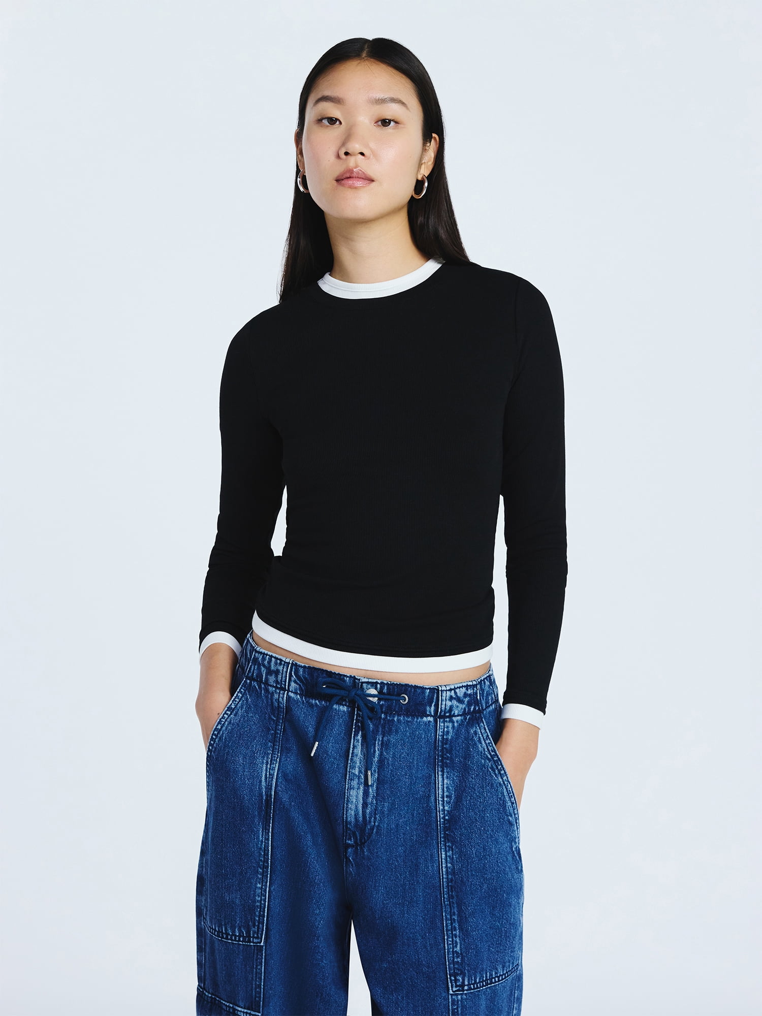 Scoop Women's Double Layer Rib Tee with Long Sleeves, Sizes XS-XXL