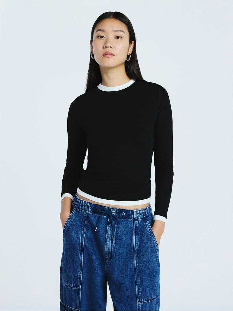 Scoop Women's Double Layer Rib Tee with Long Sleeves, Sizes XS-XXL