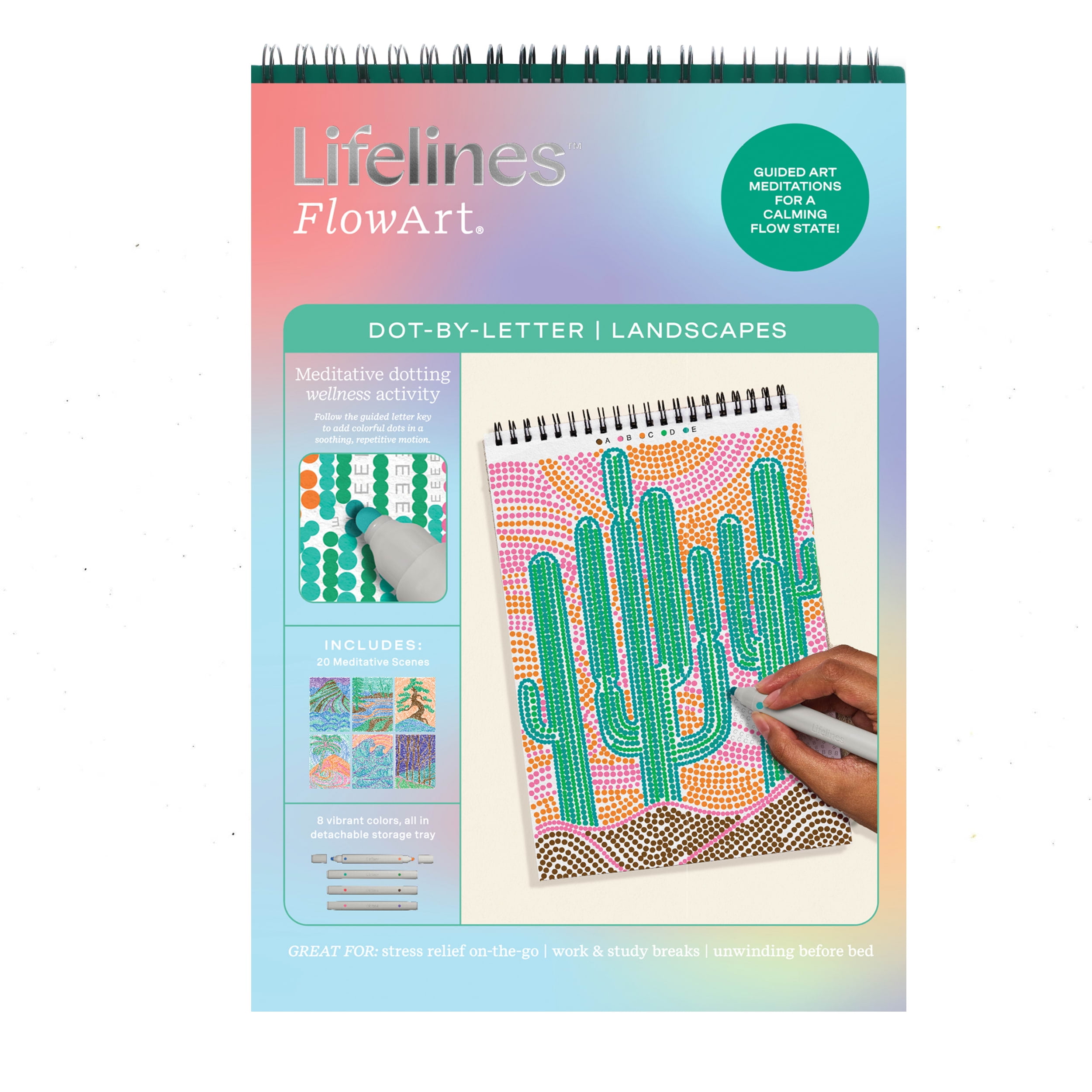 Lifelines FlowArt Dot-by-Letter Activity Pad, Guided Dot Art Meditations with 4 Double-Sided Markers, Landscapes Scenes, 20 Pages