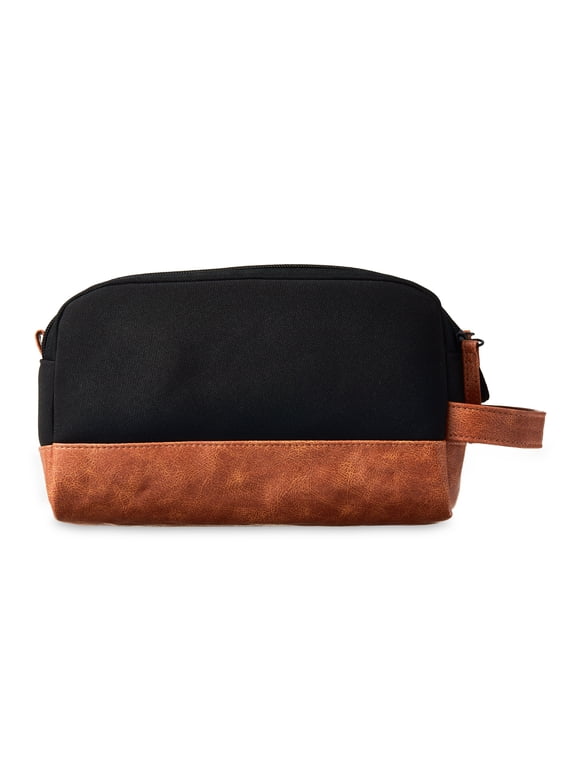 Men's Two Tone Double Zipper Sporty Dopp Kit with Faux Leather Trim, Black and Brown, 1 Count