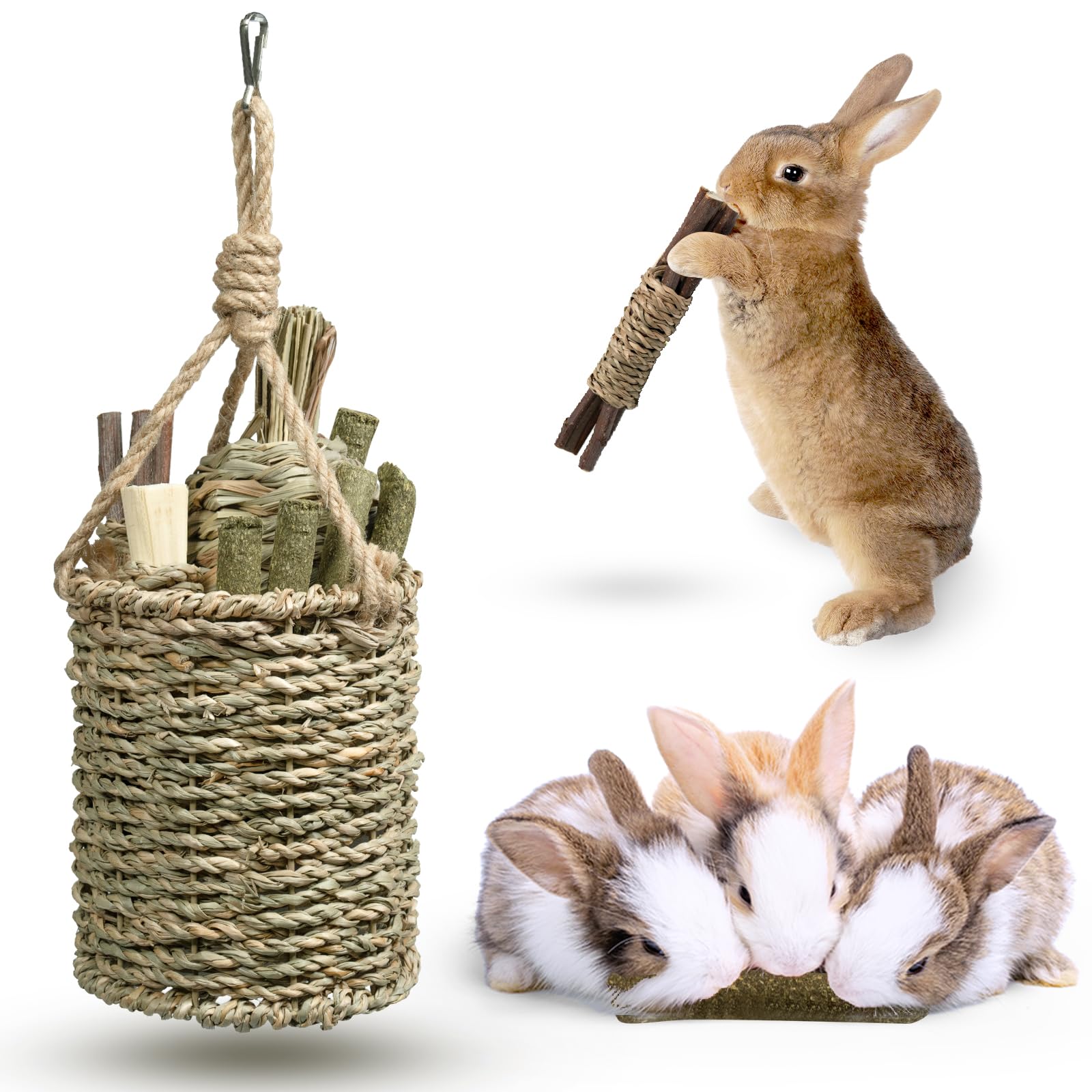 DBLPMF Rabbit Chew Toys,Natural Seagrass Hanging Basket with Sweet Bamboo,Timothy Hay,Water