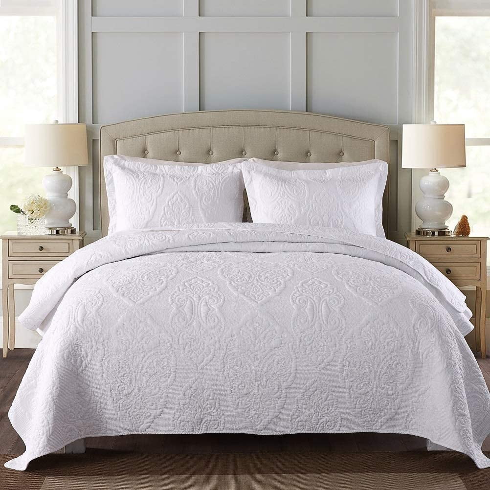 DBOZE 100% Cotton Lightweight Embroidered Quilt Set – Soft, Cozy Bedspread, High-Density Fabric, King/Cal King, White