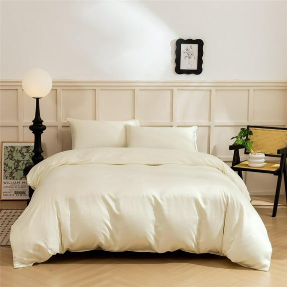 DBOZE 3 Pieces Satin Duvet Cover With Zipper Closure Bedding Sets 1800 Series Luxury Rich Silk Silky Super Soft Solid Color Reversible Honeymoon Wrinkle Free (King, Beige)