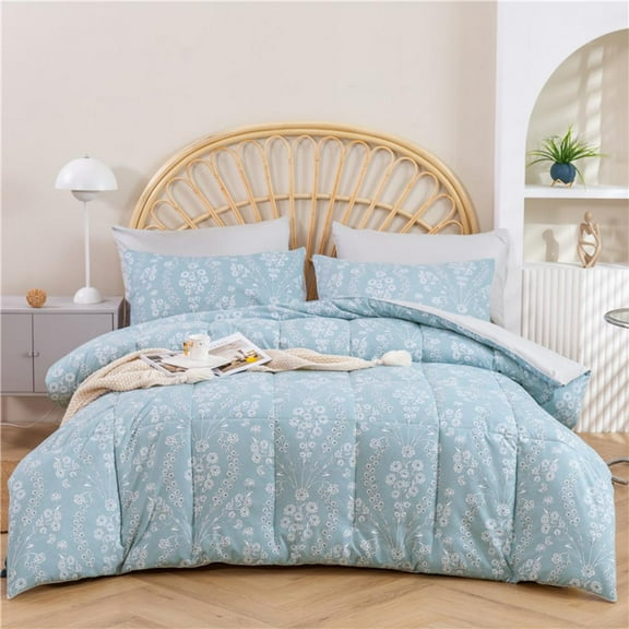 DBOZE 3pcs Comforter Set, Soft Cotton Blend Bedding Plant Flowers Printed Comforter with 2 Pillow Cases for All Seasons(King)