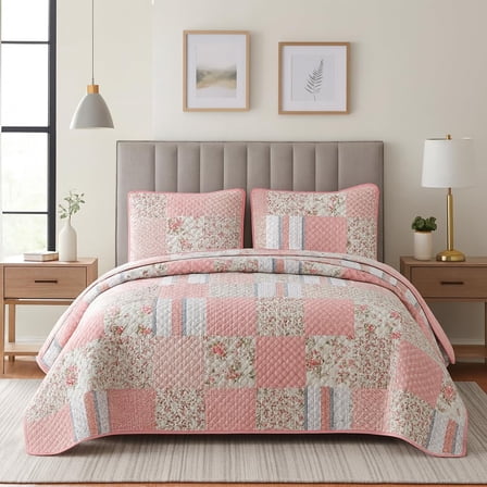 DBOZE American Traditional Floral Quilt Set Reversible Lightweight Sateen Bedspread with Matching Shams for All Seasons(Pink/White, Queen)
