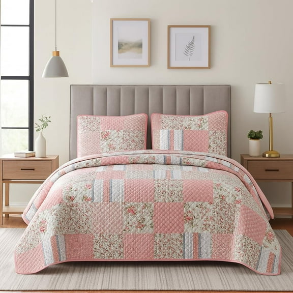 DBOZE American Traditional Floral Quilt Set Reversible Lightweight Sateen Bedspread with Matching Shams for All Seasons(Pink/White, Queen)