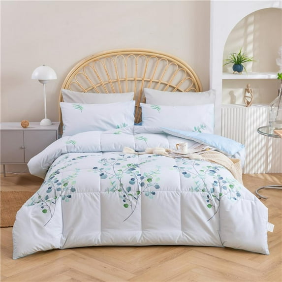 DBOZE Bed in a Bag 4 Pieces 100% Cotton Comforter Sets, All Season Bedding Sets with Comforter and Pillowcases, All Season Down Alternative Ultra Soft Bedding. Green/White,Queen