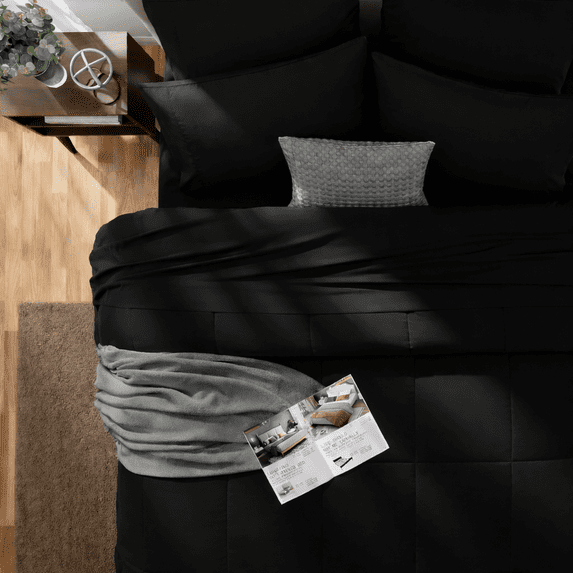 DBOZE Cotton Blend Bed in a Bag 5 Pieces Comforter Sets, All Season bedding Sets with Comforter, Flat Sheet, Fitted Sheet and Pillowcases(Black,Oversize King)