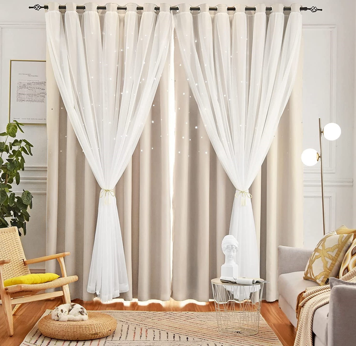 Dboze Beige Blackout Curtains 103 Inches Long Thermal Insulated 2 Layer Ds White Sheer Overlay For Bedroom Dining Room 63w X 103l Panels Com