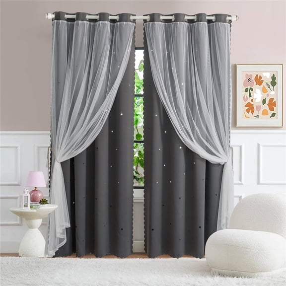 DBOZE Blackout Curtains 72 Inches Long, Thermal Insulated 2-Layer Drapes White Sheer Overlay for Bedroom/Dining Room (52"W X72" L Dark Gray )2 Panels