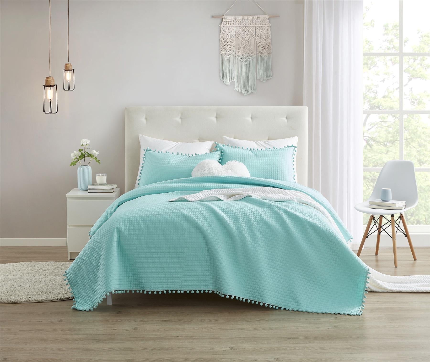 DBOZE Boho Pom Pom Ball Fringe Full Quilt Sets, 3 Pieces Blue Lightweight Down Alternative Bedding Quilt Sets for all seasons