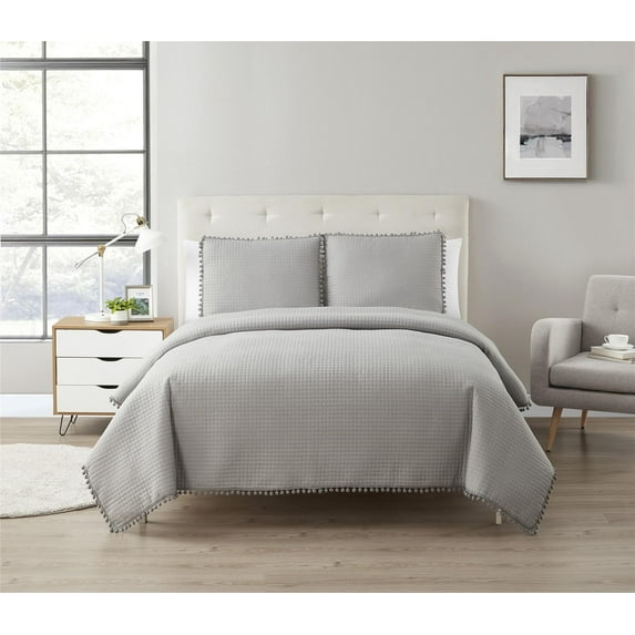 DBOZE Boho Pom Pom Ball Fringe Full Quilt Sets, 3 Pieces White Lightweight Down Alternative Bedding Quilt Sets for all seasons