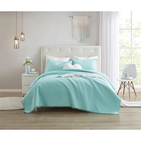 DBOZE Boho Pom Pom Ball Fringe Twin Quilt Sets, 3 Pieces Blue Lightweight Down Alternative Bedding Quilt Sets for all seasons