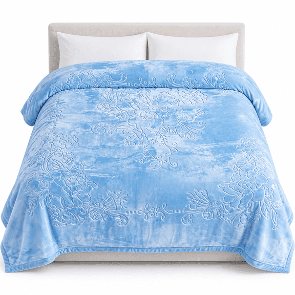 DBOZE King Size 2-Ply Korean Mink Fleece Blanket, Plush Raschel Floral Bed Blanket, 85 x 95 Inches, Blue