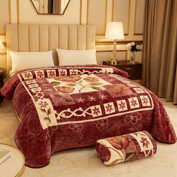 DBOZE Floral Plush Mink Blanket Queen Size 8lbs Thick Warm Winter Fleece Soft Burgundy Flower Print