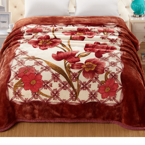 DBOZE Luxury Heavy Korean Mink Fleece Blanket  Queen Size 80"x90", Thick 1-Ply Floral Burgundy Throw, Super Soft, Warm & Weighted Winter Blanket