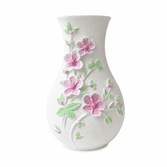 DBOZE Hand-Painted Floral Relief Decorative Vase, White Embossed Flower Vase for Home Decor