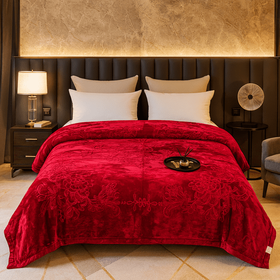 DBOZE Heavy Fleece Blanket King Size Thick Plush Korean Mink Style 2-Ply Blanket 85"x95", Ultra Soft & Warm Luxury Embossed Bed Blanket for Autumn Winter Spring Bedding Decor,Red
