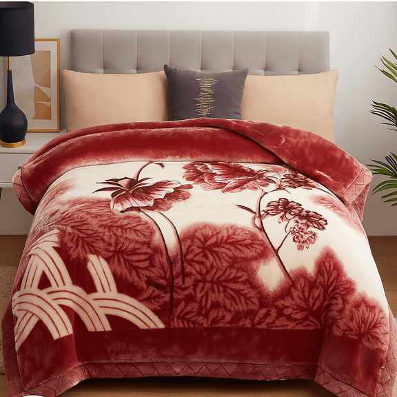 DBOZE Luxury Heavy Floral Velvet Blanket, 2 Ply Reversible Faux Mink Raschel Fleece, Ultra Soft Silky Plush Warm Winter Blanket, Oversized King, Red Wine & Cream