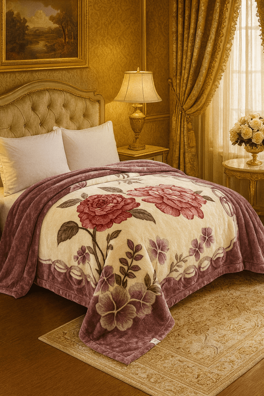 DBOZE Royal Blossom Heavyweight Korean Mink Blanket Luxury 2-Ply Reversible Floral Plush Blanket, King Size, Purple/Cream