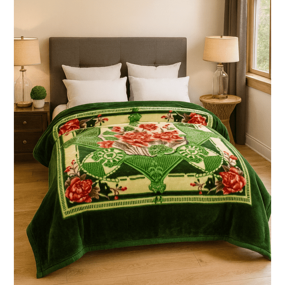DBOZE King Size Heavyweight Faux Mink Blanket – 2 Ply Reversible Plush Fleece, Silky Soft & Warm, Green Rose Floral Pattern,  Luxury Gift ，Green/Red