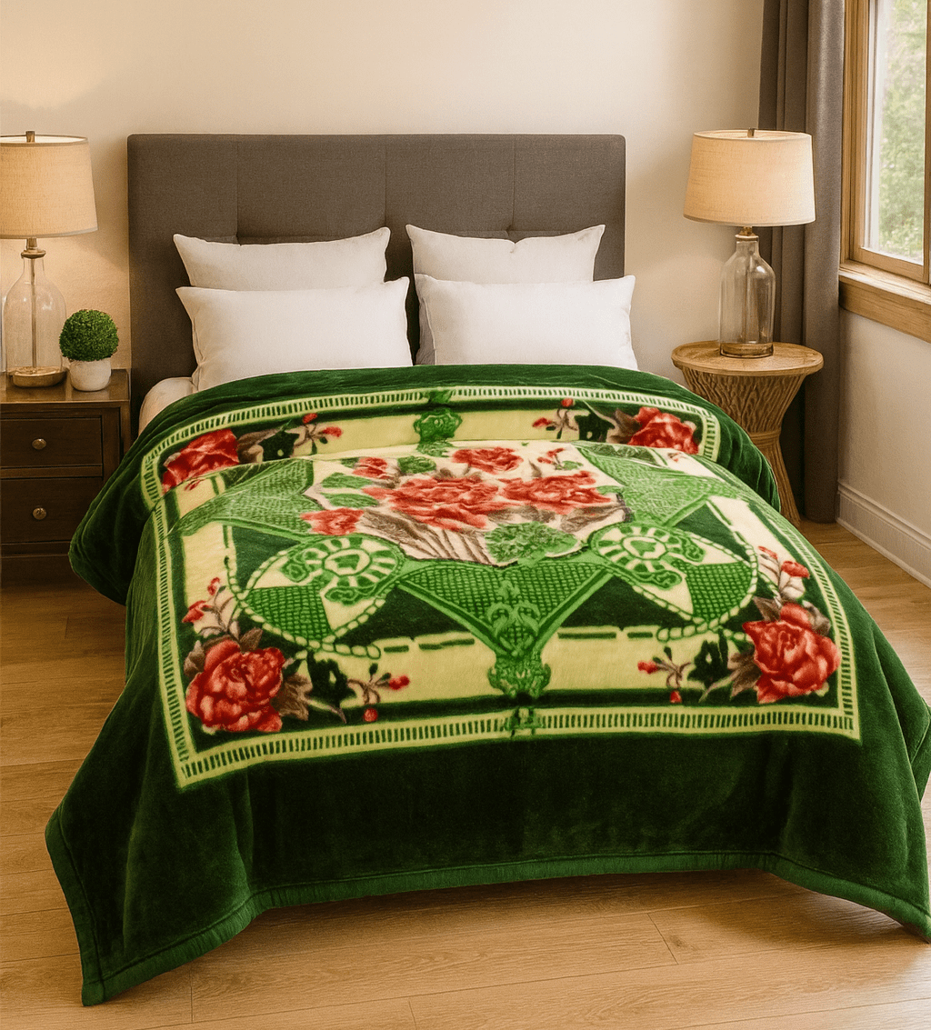 DBOZE King Size Heavyweight Faux Mink Blanket – 2 Ply Reversible Plush Fleece, Silky Soft & Warm, Green Rose Floral Pattern,  Luxury Gift ，Green/Red