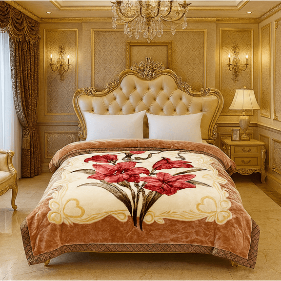 DBOZE King Size Plush Fleece Blanket  12lbs Heavy 2 Ply Winter Bed Blanket, Reversible Soft & Warm Red Floral Throw(Orange/cream)