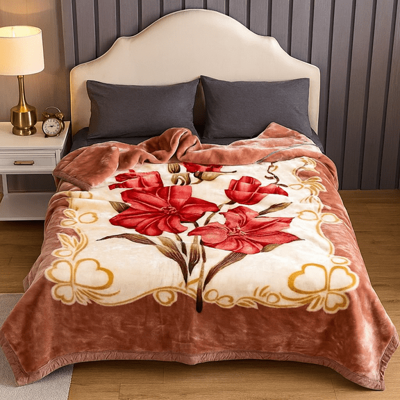 DBOZE Luxury Heavy Faux Mink Fleece Blanket King Size 2 Ply Reversible Silky Soft Plush Weighted Blanket with Large Red Floral Pattern, Ultra Warm Cozy Winter Throw (Orange Red/Cream)